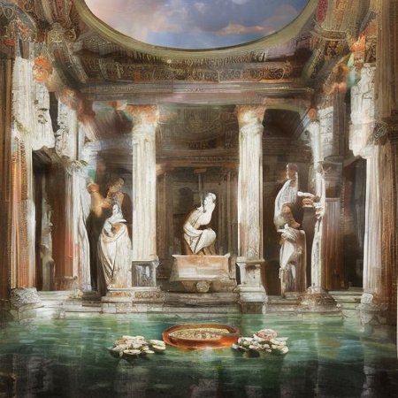 (masterpiece:1.2), (best quality,:1.2), 8k, HDR, ultra detailed, ((photorealistic)), professional light, cinematic lighting, fashion photography, ambient lighting, face lighting, <lora:detail_slider_v4:1>, Fantasy picture, OverallDetail, large ancient roman with a fountain and one statue in the center, RomInt, <lora:RomanInterior-10:1>, epiCPhoto