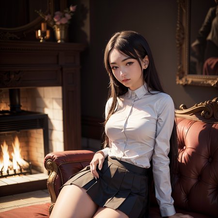 masterpiece, absurdres, high quality, realistic,
1girl, long hair, suit and tie, skirt, evil grin,
indoors, fireplace,
