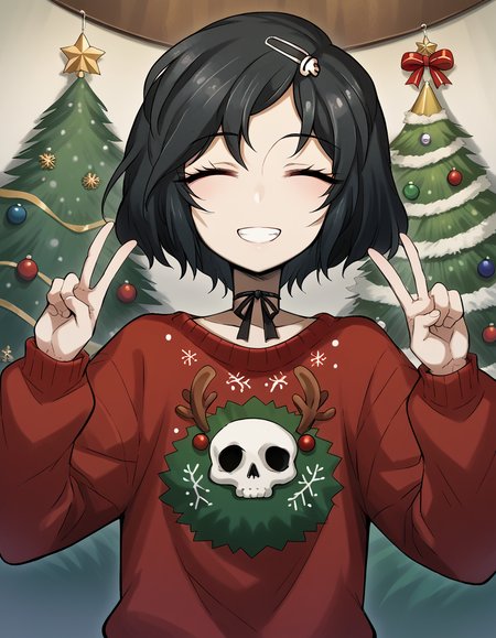 score_9, score_8_up, score_7_up, source_anime, <lora:luka-urushibara-ingame-ponyxl-lora-nochekaiser:1>, luka urushibara, black hair, choker, hair ornament, hairpin, male focus, otoko no ko, purple eyes, ribbon, ribbon choker, short hair, skull, skull hair ornament, trap,, <lora:christmas-sweater-ponyxl-lora-nochekaiser:1>, christmas sweater, christmas, ugly sweater, print sweater, red sweater, christmas tree, christmas ornaments, sweater, multicolored sweater, , v, smile, hands up, teeth, closed eyes, cowboy shot,, , dutch angle, cowboy shot