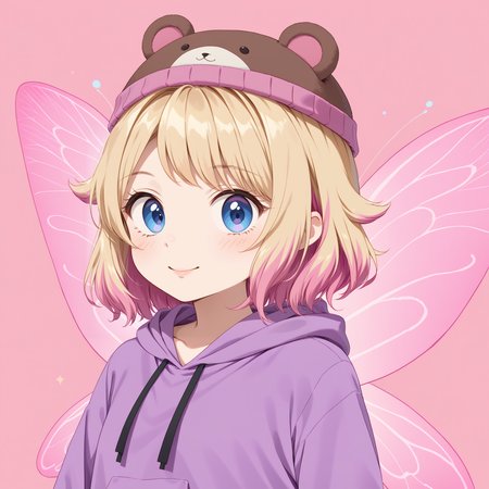 1girl, ((sizzlesjellyqueen, blonde hair, pink hair, two-tone hair, multi-color hair, medium hair, fairy wings, pink wings, blue eyes)), pink background, looking at viewer, upper body,teddy bear hat, bear ears, hat,  multicolored background, animal focus, green background, standing
sizzlesjellyqueen, blue eyes, blonde_hair, pink_hair, two-tone_hair,  fairy_wings, pink_wings, skirt, purple hoodie
<lora:SizzlesJellyQueenPony:1>