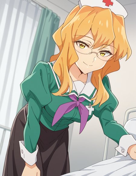 score_9, score_8_up, score_7_up, source_anime, <lora:sumika-chibana-s1-ponyxl-lora-nochekaiser:1>, sumika chibana, long hair, blonde hair, yellow eyes, glasses,, skirt, long sleeves, school uniform, puffy sleeves, serafuku, purple neckerchief, green shirt, black skirt, long skirt,, infirmary, bed, medical supplies, nurse, first aid, smile, leaning forward,, looking at viewer, solo,, dutch angle, cowboy shot