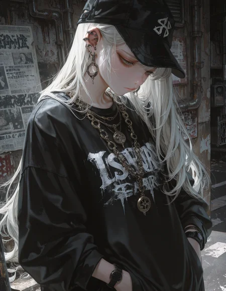 embedding:lazyposv2,
1girl, solo, long hair, white hair, silver hair, bangs, flowing hair, incredibly long hair, closed mouth, light frown, looking down, earrings, hoop earrings, multiple earrings, industrial piercing, ear piercing, stretched ear, necklace, multiple necklaces, layered necklaces, chain necklace, pendant, bracelet, wristband, watch, black baseball cap, cap, headwear, black t-shirt, oversized t-shirt, graphic t-shirt, long sleeves, black clothes, dark clothing, layered clothing, hands in pockets, standing, newspaper background, cluttered background, street, urban, wall, grunge, anime style, manga style, realistic lighting, detailed, illustration, highly detailed, sharp focus, subtle lighting, soft light, from above, eye-level shot,  <lora:iLLMythM4gicalL1nes:0.2> M4gicalL1nes,  <lora:USNR STYLE_XL_loha:0.8> usnr,  <lora:timeless:0.5> aetrns2,  <lora:kamatama_rom:0.25>