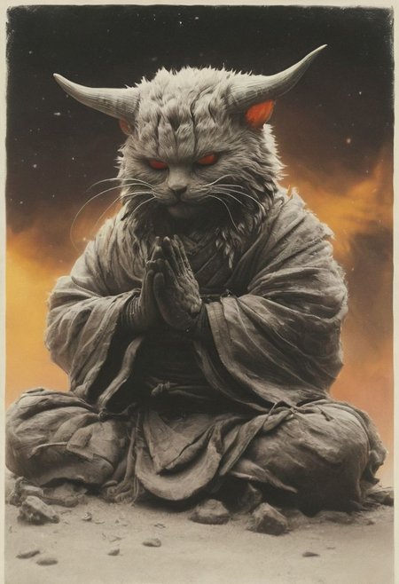Capturing serenity amidst boundless solitude: a powerful image of a fluffy tousled old ninja cat with horned devil mask, draped in flowing feudal garb, large sedge-hat, meditating in lotus position upon an endless, sunless expanse. As she hovers, an aura emanates from her, growing in intensity as it extends beyond her Till it explodes in the far, reminiscent of expanding ripples of sound. The neon hues of her aura paint the air, a vivid testament to her inner strength and focus.
creating a surreal normal scene with translucent white and beige-brown-black details, colorful (polaroid:0.7) with vibrant colors, (vacations, high resolution:1.3), (small, selective focus, european film:1.2), closeup
