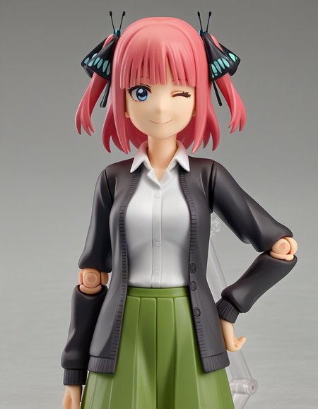 score_9, score_8_up, score_7_up, source_anime,
ninonakano, <lora:nino-nakano-s2-ponyxl-lora-nochekaiser:0.5>, 
nino nakano, short hair, bangs, blue eyes, hair ornament, hair ribbon, pink hair, blunt bangs, two side up, butterfly hair ornament, mature female,
skirt, shirt, long sleeves, white shirt, pleated skirt, open clothes, collared shirt, sleeves past wrists, dress shirt, cardigan, green skirt, open cardigan, black cardigan,
<lora:figma-figurines-ponyxl-lora-nochekaiser:1>, figma figurines, 1girl, solo, 3d, joints, doll joints, smile, hand on own hip, v, v over eye, one eye closed,