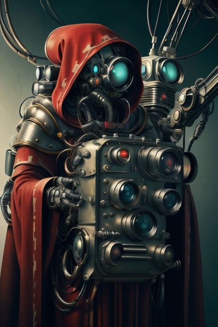 ((masterpiece,best quality)), absurdres, mechanical arms, robes, hood, (techpriest), cyborg, mechanical face, (SpyWorld50s) Adeptus Mechanicus, mechanical limbs, one mechanical eye, mechanical tentacles,((mechanical backpack)), red cloak, 1other, solo, <lora:adeptus:0.5>