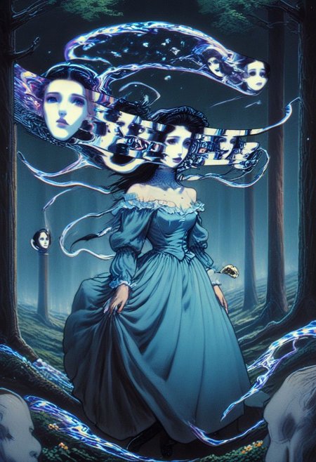 Colorful Sketch By herg, a beautiful busty Fantasy magician with Brown Hairbun, giant cute ghosts flying, sinister Dark, cinematic, deep blacks,
