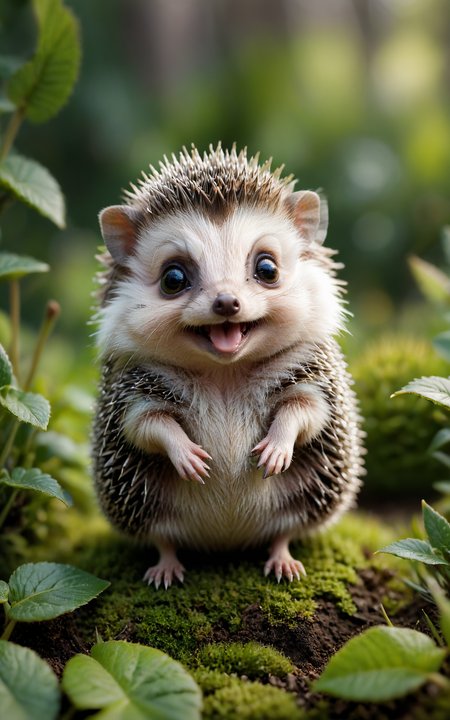 Visualize a lifelike drawing of a tiny hedgehog, its features humorously exaggerated with especially large, bright eyes and an inquisitive, smiling expression. The hedgehog's spines are finely detailed, capturing the natural texture, while its tiny paws are slightly oversized, adding to the cuteness. The setting is a simple garden background, with a focus on natural colors and a few green plants, creating a realistic yet adorable scene.