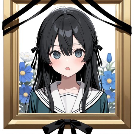 masterpiece, best quality, 32k, high resolution, absurdres, iei, portrait (object), black ribbon, open mouth, jacket, blush, long sleeves, flower, long hair, black hair, serafuku, sailor collar, hair between eyes