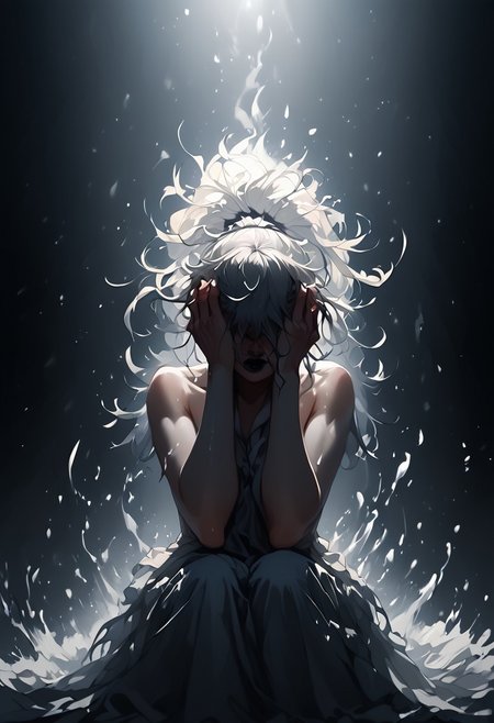 1 angel, white wings, messy white hair, hair covering eyes, blunt bangs, ponytail, black lipstick, kneeling, sorrowful, dark ethereal background, glowing embers, splashes of red