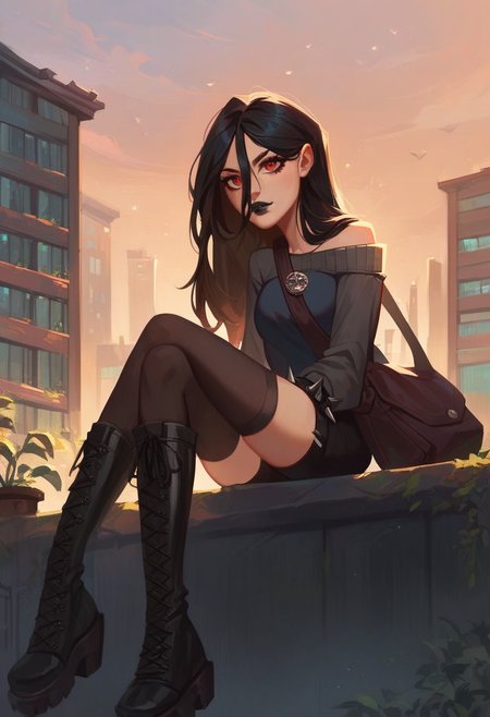 zPDXL, score_9,score_8_up,score_7_up,_up,source_anime, <lora:Lif:1>, lif, black hair, long hair, red eyes, hair between eyes, dark gray sweater, short black shorts, black thighhighs, brown bag, black lips,black boots ,spiked bracelet, best quality, amazing quality, masterpiece,outdoors, abandoned building, roof, plants on the roof, sitting,  1girl, looking at viewer, solo, beautiful face, <lora:StS_PonyXL_Detail_Slider_v1.4_iteration_3:4>