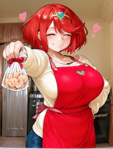 (1girl:1.5), (general:1.3), (detailed background:1.5), living room, <lora:bagofcookies_Illust_v1:1> bag of cookies, cookie, food, gift bag, plastic bag, white day, <lora:LoRA2FHoldingBallNoobAIXLvPred:1> outstretched arm, smile, closed eyes, happy, heart effects, BREAK
<lora:pyra-xb-richy-v1_ixl:0.8> prrnd, red eyes, red hair, short hair, tiara, earrings, large breasts, sweater, tight jeans, apron, hand on own hip, BREAK
dramatic shadows, cinematic lighting, (photo background:1.3), Neromashin_Style_SKNSFW, P3ng01nd00, S0d3v111111m0, (8K resolution:1.2), (masterpiece:1.2), best quality, amazing quality, very aesthetic, absurdres, newest, (ultra detailed:1.3), (uhd:1.1), <lora:ishikeXLillokrV53P1T1:0.5> <lora:AIã¤ã©ã¹ããããã_style_illustrious_goofy:0.5> <lora:ahemaru_777:0.65> <lora:Neromashin_Style_SKNSFW:0.55> <lora:Penguindou:0.35> <lora:Sodeviiiiiimu_Style:0.4> <lora:cfg_scale_boost:0.7> <lora:Smooth_Booster_v2:0.5> <lora:StS-Illustrious-Detail-Slider-v1.0:3.0> BREAK