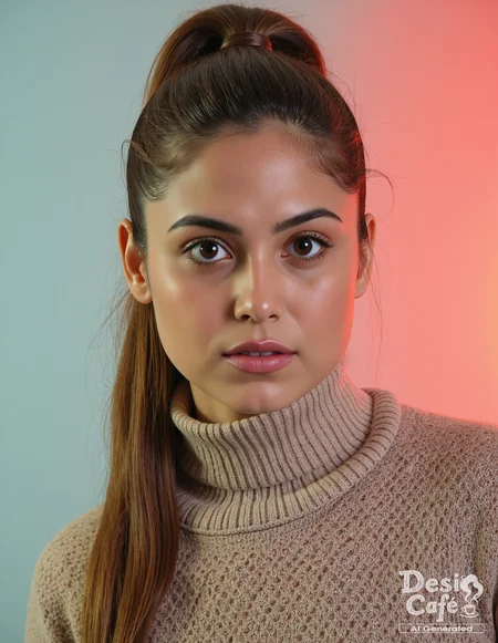 headshot photo of n41n4 woman, hyper realistic photo that is safe for work, expression of wonderment with wide eyes, studio quality image with natural colors, well dressed wearing intricate turtleneck Sapphire turtleneck sweater, hair styled as  high ponytail,muted pastel shaded multicolored background that contrasts with the person, cinematic lighting,âââââ   <lora:n41na_Naina_Ganguly_Flux_Kohya_V1:0.9>âââ
