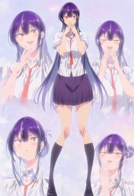 Masterpiece, highest quality, 8K resolution, crisp image quality and vibrant colors, outstanding portrait of a woman with great attention to detail, amazing quality, (anime cel image: 1.5),takamine,
open clothes, solo, Anime girl, (ethnicity:1.1), (detailed clothing:1.2), (accessories:1.1), (facial features:1.2), (expression:1.1),  (body type:1.1), (pose:1.2),  standing, (detailed hairstyle:1.2),  long purple hair,  (complexion:1.1),  light skin,  white school uniform,  red tie, dark purple skirt,  black socks,  black shoes,  posing center, facing viewer, slightly playful expression,  (hands:1.1)  gesturing with fingers to mouth,  simple background,  pastel color palette,  (lighting:1.1)  soft and even,  anime style,  (composition:1.1)  full body shot,  digital art,  high detail,  (detailed uniform details:1.1).