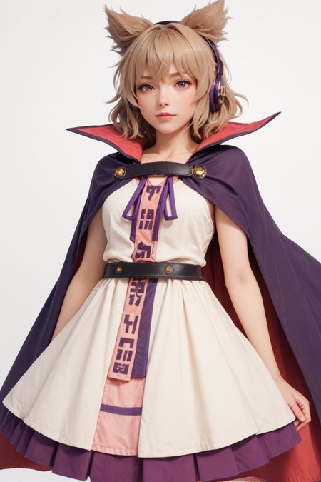score_9, score_8_up, score_8, score_9, 1 girl,  source_anime, <lora:miko_pony_v2-10:1> toyosatomimi no miko, light brown hair, pointy hair, earmuffs, baton, brown eyes, purple skirt, cape, white dress