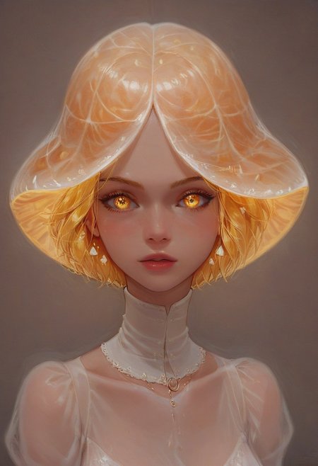 (score_9, score_8_up, score_7_up),rating safe,best quality, ultra highres,portrait, full body, kawai face, smooth skin,  perfect face, perfect body, perfect hands, sharp contours, drawing, painting, oil painting,
, detailed eyes,
1girl, glowing crystalized blonde hair,crystal hair, shiny hair, mushroom head, big mushroom hat, magical girl, witch costume, big breasts, see-through plastic dress, skindentation, ghost girl, transparent girl,  wedding dress,
1dk