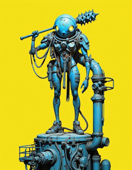 By Passcal Blanché. A computer-generated image of a futuristic, anthropomorphic robot standing on a mechanical platform against a bright yellow background. The robot, predominantly blue in color, has a spherical head with large, glowing yellow eyes and a small, circular mouth. Its body is covered in intricate metal details and is adorned with various tubes, wires, and sensors, giving it a very advanced and futuristic appearance. The robot's limbs are thin and articulated, allowing for a wide range of movement.
The robot holds a large spiked club over its shoulder, suggesting a defensive or combat-oriented role. The platform it stands on is a complex industrial structure with various pipes, valves, and other mechanical components, indicating that it is part of a larger high-tech machine or facility. The platform is also blue, matching the robot's color scheme. The overall style of the image is very detailed and polished, with an emphasis on textures and intricate design elements, giving it a realistic yet fantastical feel. The bright yellow background contrasts sharply with the blue robot and platform, making them stand out vividly. <lora:Pascal_Blanché:0.85>