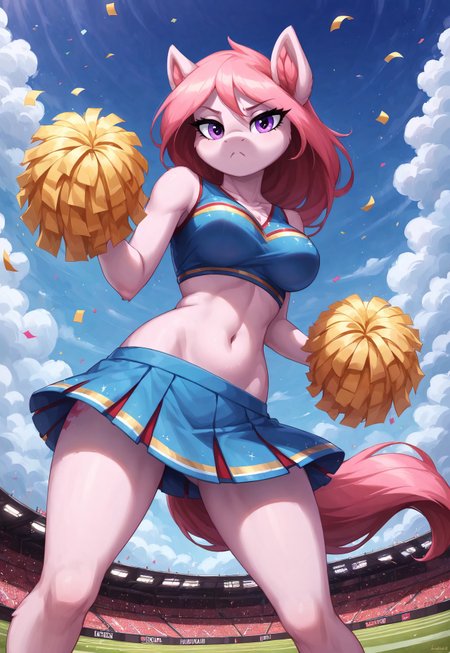 safe_pos, safe_pos, masterpiece, score_9_up, score_8_up, score_7_up, score_6_up, source_furry, (best quality:1.1), ultra-detailed, high resolution, highly detailed macro illustration, solo BREAK 1girl, Fiana_II, anthro pony, mlp, thin eyebrows, purple eyes, long eyelashes, female, pony ears, pink fluff in ears, pale pink fur, short pink mane with red gradient tip, breasts, (grumpy expression, cute face:1.2), :<, ((beautiful detailed eyes)), (cheerleader outfit), dynamic pose, Cheerleader dancing, Dancing, Looking at you BREAK Outdoors, football stadium, soccer field, day, sky, grassbelow, Confetti flying BREAK sharp focus, perfect lighting, anatomically correct, extremely detailed, tranquil setting, high detail, Expressiveh, detailed background, OverallDetail, zPDXL3