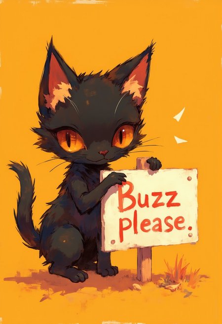 Cute little black cat with big eyes pointing to s sign that reads "Buzz please"
