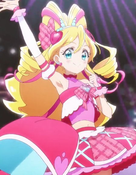 score_9, score_8_up, score_7_up,source anime,absurdres,solo,1girl, anime screencap,cureidol,  pink skirt, smile, skirt, jewelry, earrings, navel, looking at viewer, pink bow, midriff, magical girl, bow, heart, plaid, hair ornament, idol ,blush,armpit focus<lora:cureidol_pony:0.8>