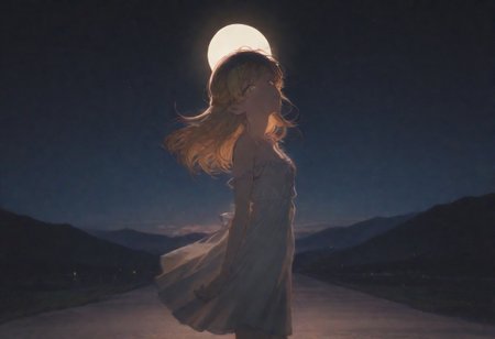 1girl,sui/(isekai ojisan)/,on the right position of photo, standing,far from viewer,,from side,truning back,dim light,looking up,masterpiece,best quality,amazing quality,absurdres, solo,(jitome:0.6), night,outdoor,hill,many star in sky,moon light,night,dim light, DYNAMIC POSE,strap slip, frill,collarbone, expression less,glowing eyes, 
,best quality,very aesthetic,absurdres
erifashion，adelinestyle，BV-Illu,4ki4k4ne_illu