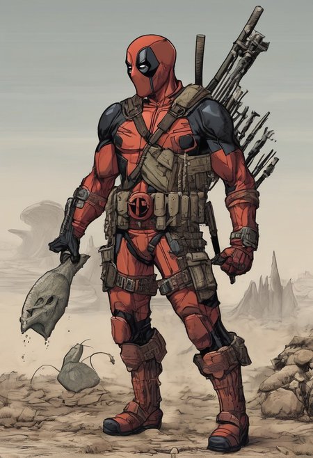 Deadpool \(Marvel Comics\) reimagined by (William Stout:1.2) features a distinct paleontological twist. His suit, traditionally red and black, now has a (textured, fossil-like appearance:1.3), mimicking ancient bones embedded within the fabric. (Armored scales:1.2) replace smooth areas, suggesting a prehistoric armor. Deadpool's (tactical belt:1.1) is adorned with (ornate, fossilized artifacts:1.2), and his weapons resemble (stone and bone tools:1.2). He stands in a (deserted landscape:1.2) scattered with (dinosaur skeletons and arid flora:1.3), blending action and ancient history in Stout's detailed, illustrative style.