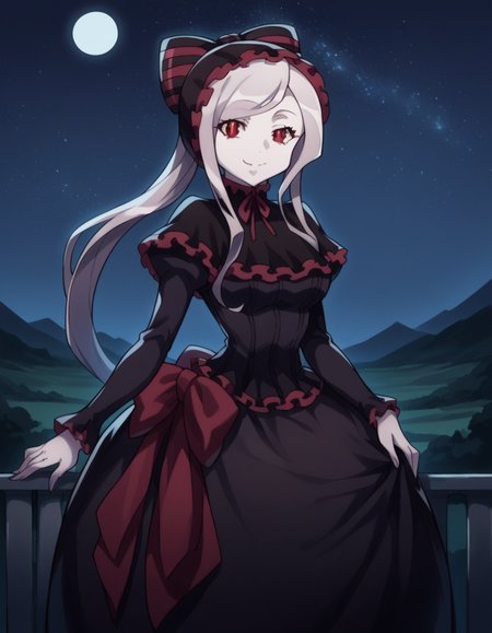 score_9, score_8_up, score_7_up, source_anime,
shalltear, <lora:shalltear-bloodfallen-s1s2-ponyxl-lora-nochekaiser:1>,
shalltear, grey hair, long hair, red eyes, silver hair,
black dress, bonnet, bow, dress, frilled dress, frills, large bow, long sleeves, vampire,
outdoors, landscape, night, moon, starry sky, smile,
looking at viewer, cowboy shot, solo, dutch angle,