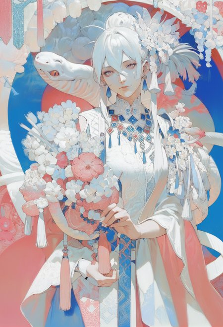 <lora:xdxAKK:0.8>,limited palette,xdx style,1girl,solo,jewelry,earrings,looking at viewer,hair between eyes,flower,tassel,snake,blue theme,pink theme,white theme,, score_9,score_8_up,score_7_up,source_anime,