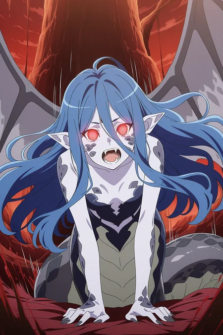 anime screencap, anime coloring, detailed face, masterpiece, best quality, very aesthetic, absurdres, volumetric lighting, official style, amazing quality, ultra detailed,  highres, amazing quality, scenery, beautiful detailed hair, beautiful detailed eyes, defined fingers
<lora:StS-Illustrious-Detail-Slider-v1.0:4>
<lora:Wiene_Is_It_Wrong_to_Try_to_Pick_Up_Girls_in_a_Dungeon:.8>
transformed appearance, Wiene (character), 1girl, wings, pointy ears, red eyes, solo, monster girl, solid eyes, glowing eyes, long hair, blue hair, blood, breasts, grey skin, open mouth, roar,  fangs, teeth, hair between eyes, scales, leaning in toward the viewer, (motion lines, motion blur, impact lines:1.1)