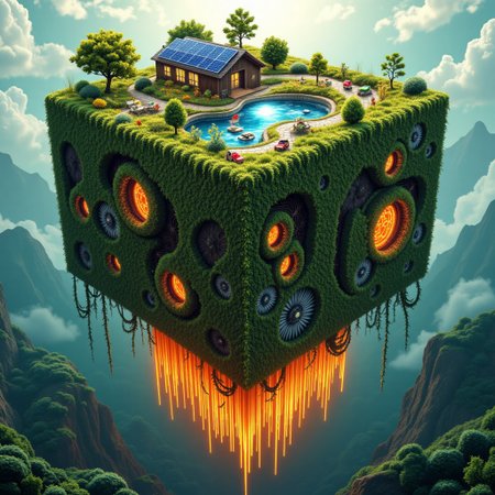 M1CR0CUB3D, aidmafluxpro1.1, A cubed rainforest overtaken by symbiotic machines. Vines grow through turbine wheels and solar panels bloom like flowers. Below: a glowing root-server system powered by photosynthetic canopy capture. Palette: vivid greens, copper, bioluminescent orange. Style: eco-mechanical utopia, jungle-tech integration, high saturation botanical detail.