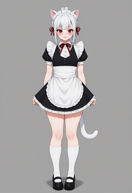 1girl, anime, Whirte hair, braid hair, bangs, ponytail, White cat ears, white cat tail,  white skin, small boobs, wide hips, maid outfit , ankle socks, red eyes, semi close eyes , smile, lipstick , blush easynegative,ng_deepnegative_v1_75t