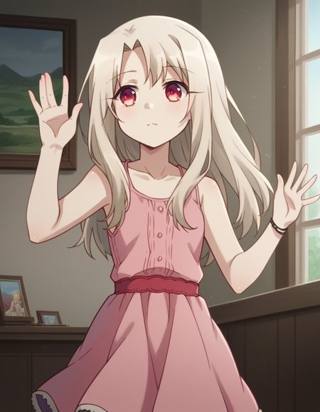 score_9, score_8_up, score_7_up, source_anime, <lora:illyasviel-von-einzbern-prisma-s2s3-ponyxl-lora-nochekaiser:1>,, illyasviel von einzbern, long hair, blonde hair, red eyes, parted bangs,, dress, collarbone, sleeveless, sleeveless dress, pink dress,, museum, art exhibit, paintings, observing, quiet contemplation, cultural experience, , , hand waving, solo,, cowboy shot, dutch angle