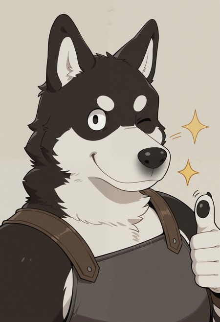 masterpiece,best quality,amazing quality, 1boy,kur0,  breastplate, dog boy, close up, looking at viewer, thumbs up, wink,