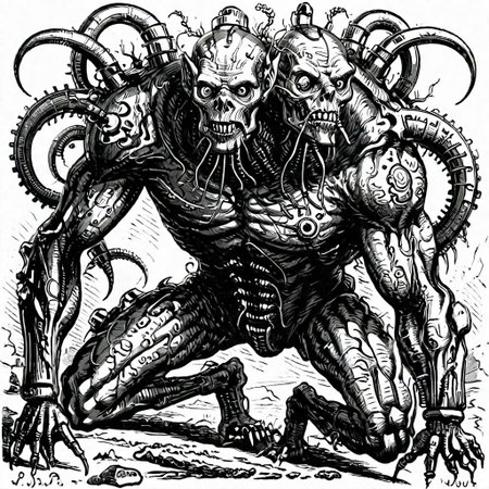 a fleshmutant cybermutant creature with tubes on its body,monochrome,art by llbreton