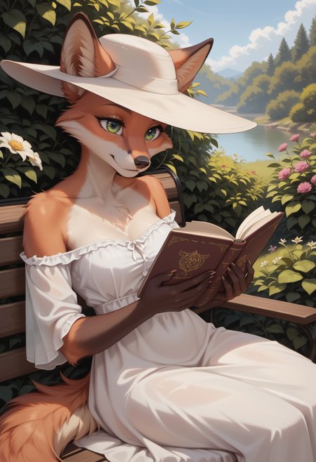 score_9, score_8_up, score_7_up, source_furry, detailed,
outdoors, rural, overgrown garden, bushes, flowers, serene atmosphere, bench,
1girl, solo,
furry female, (anthro fox girl:1.2), beautiful girl, cute girl, adult, medium breasts, (((no hair, hairless, bald))), beautiful face, detailed face, perfect eyes, detailed eyes, green eyes, (((good hand, detailed hand, 5fingers))), fluffy hindhead,
clothed, white summer dress, sunhat,
sitting, reading, looking at book,