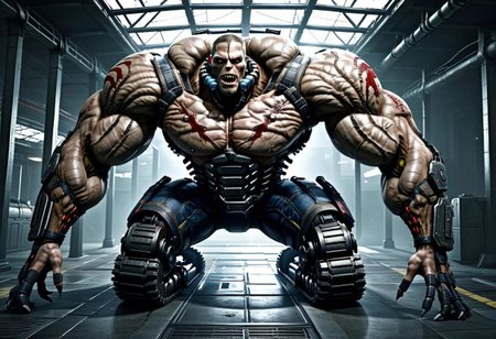 a cybermutant with tank treads as legs,realistic,game cg,scene from resident evil