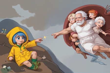 score_9, score_8_up, score_7_up
<lora:Creationofmeme:1>, Creationofadam, masterpiece, best quality, fine art. parody,  2character,   
ADDBASE 
<lora:luce-PD-1.0:0.8>, luce, yellow raincoat, (dirty green galosh:0.7), green galosh, galosh, blue hair, 1girl, :d, ^_^,  (cross:1.1), 
 ADDCOL 
older man, white hair, white beard, (young angles:1.2),
 <lora:SDXLHighDetail_v5:0.8>,  <lora:add-detail-xl:1.3>