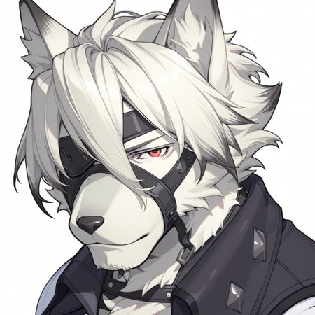 1boy, male focus,furry male, mature male, solo, Lycaon, white fur, white hair, eyepatch, red eyes, wolf ears, wolf tails, black vest, face focus, perfect face, muscular, p3reloadportraits, portrait, white background, looking at viewer, soft smile, 3:4 view