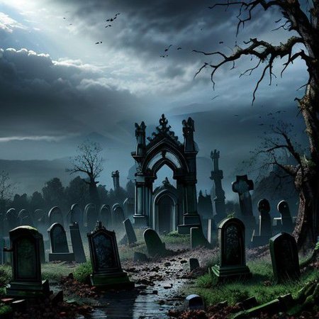 (masterpiece:1.2), (best quality,:1.2), 8k, HDR, ultra detailed, ((photorealistic)), professional light, cinematic lighting, fashion photography, ambient lighting, background, a dark and sinister gothic graveyard, open! graves, broken coffins, Darkness, <lora:Darkness-10:1>,  epiCPhoto,