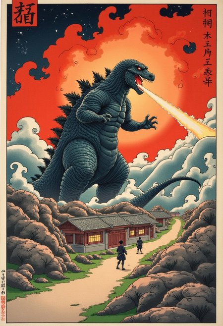 4si4n, It depicts a scene of Godzilla breathing fire on a japanese village, poster from the series Fifty-Three Stations of the Tokaido by Utagawa Kunisada Toyokuni III/Kunisada III. epic, movement,