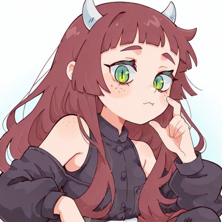 Servants_Holding halftone s0wasow4rt_illu abstract
green eyes,  monolid eyes, Slit pupils, Freckles over nose and cheeks, white horns, broad forehead, tiny horns, shoulder length hair, side bangs, straight bangs, Light skin tone, burgundy hair, high quality, high res , highly detailed face, white background, clothed