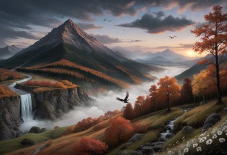 score_9, score_8_up, score_7_up, water, tree, leaf, scenery, mountain, planted, waterfall, fog flower, outdoors, sky, cloud, tree, no_humans, grass, cloudy_sky, crows, birds flying, star_\(sky\), nature, eerie, white flower, Edelweiss, mountain, field,  mountainous_horizon, landscape, sunset, clouds, (autumn:1.4)