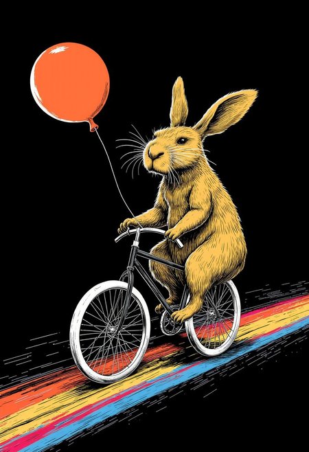 a graphic illustration of a gritty distressed  evil little capybara baby with an orange balloon in his paw riding a bicycle, full-length, funny, horror, on a black background with colored stripes, emotions, movement, funny pose, intricate details, high details, colorful, chiaroscuro lighting,