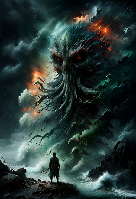 Dark, foggy, moody, in the style of Dariusz Zawadzki,
Obscured by a thick sickly green mist, gigantic Cthulhu rises from the raging sea, its squid-like body is a mass of writhing tentacles, red eyes burning, 
(The figure of a man stands on rocks in the foreground:1.4), 
Lovecraftian, surrealism, nightmare, horror, cliffs, storm, waves,
ral-dissolve,