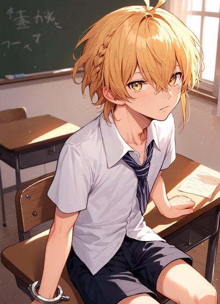 score_9, score_8_up, score_7_up, ultra detailed, source_anime,amazing quality, best aesthetic, smooth,HD32k, Uncensored ,best aesthetic,Realism:0.65,
,<lora:Aether1:0.96>,aether,1boy,male focus,solo,blonde hair,yellow eyes,ahoge,hair between eyes,medium hair,braid,look at view,,skinny,bishounen, emaciate physique,student uniform,short sleeves,shorts,sitting on chair,banknotes on desk,confuse face,skinny body,
in classroom,desk,chair,blackboard,blackboard graffiti,handcuffs hang on chair,
 <lora:add-detail-xl:0.7> <lora:g4n1m3XLP:0.7> g4n1m3, <lora:spgbfAndiraXLPony:0.6> andiradef,