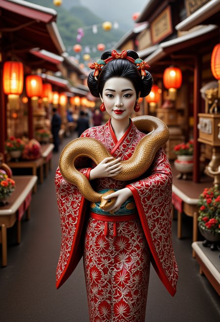 focus on the snake, A highly detailed and realistic image of a traditional Japanese woman wearing authentic 1970s Japanese attire, carrying a beautifully crafted ceramic snake with intricate patterns. He is walking through a lively Japanese carnival filled with vintage details, including old-style Japanese lanterns hanging from shop fronts and colorful decorations typical of the era. The background features small shops and stalls with traditional wooden designs, glowing softly under the warm light of the lanterns, creating a nostalgic and festive atmosphere. cer1micsn1ke  <lora:FLUX_cer1micsn1ke_LoRA:1>  <lora:detailifier_sd3.5:1> detailifier