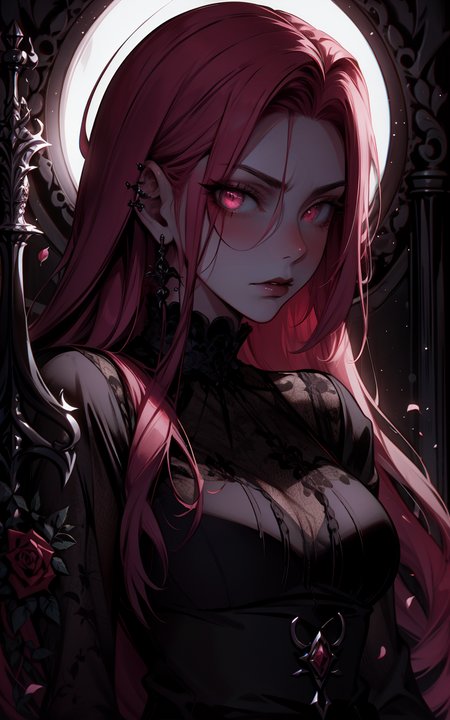 mysterious woman with pink hair, holding a sword, surrounded by red roses, gothic attire, dark romantic atmosphere, intricate details, high contrast, hyper-realistic, somber expression, dramatic lighting, deep shadows, high-definition, elegant, melancholic mood, cinematic, ornate design
 <lora:G_G2.0:1> Goth girl, Goth girl 1girl, <lora:backlight_slider_v10:-1> <lora:age_slider_v6:1.3>