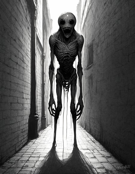 score_9, small mouth, <lora:The_Grey_Ones:0.6> gr4y0ne, connective, horror theme, alien, large black eyes, dark alleyway,