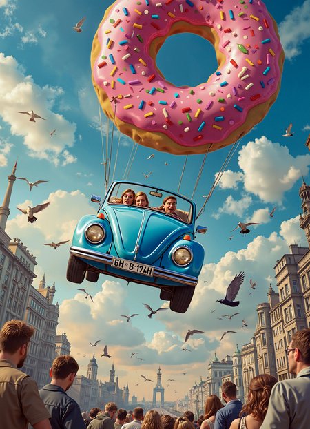A stunning movie poster-style, whimsical scene: A vintage bright blue Volkswagen convertible floats high above the vast Berlin cityscape, gracefully suspended beneath a massive hot air balloon shaped like a giant pink-frosted donut, covered in vibrant multicolored sprinkles. The perspective is from below, emphasizing the surreal height of the floating car and donut balloon against the expansive sky. The Volkswagen's glossy surface gleams under the golden hues of the sunset, reflecting the blue sky and cityscape below. Inside the car, wide-eyed passengers gaze outward with expressions of awe and exhilaration, their emotions contrasting with the curious onlookers far below. The background features a brilliant blue sky adorned with fluffy white clouds, evoking a dreamy, whimsical atmosphere. A flock of pigeons soars nearby, some silhouetted against the sunlight, adding movement and realism. Below, the city is a blur of towering skyscrapers and bustling streets, making the floating Volkswagen and its donut balloon the undeniable focal points of this surreal moment.