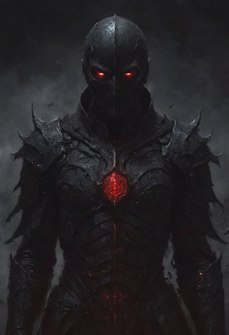 deep endless black, a man standing alone in the void, Eldritch, a knight in armor of the deepest black, tidal waves of crimson, desolation, a mask that hides his essence, evil villain, (high contrast, deep shadows, glowing red accents)
