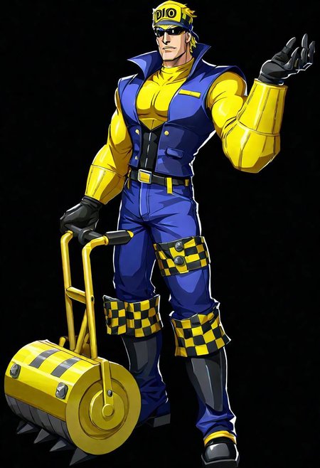 ncrender of dio brando as a road roller man,simple background,black background